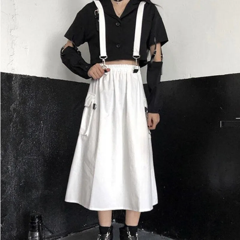 Gothic High Waist Techwear Long Skirt with Chain Pocket Strap - Cargo Skirt