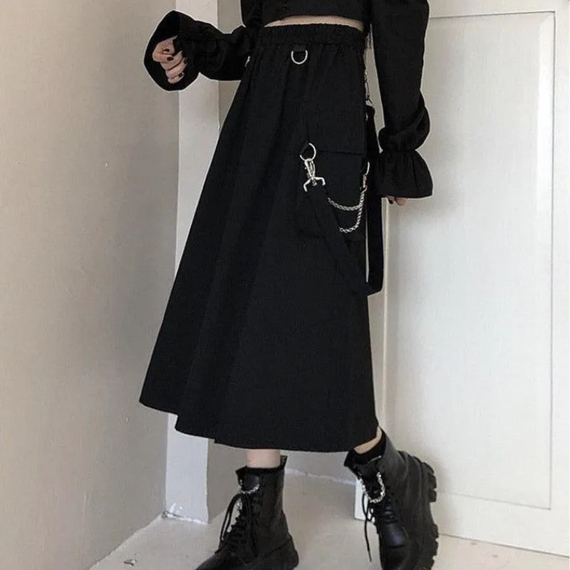 Gothic High Waist Techwear Long Skirt with Chain Pocket Strap - Cargo Skirt