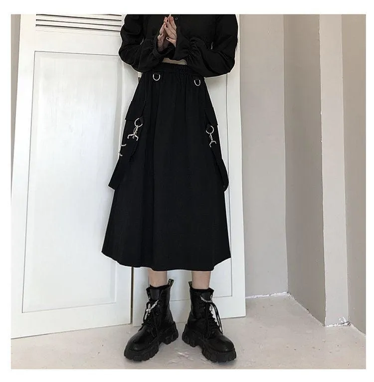 Gothic High Waist Techwear Long Skirt with Chain Pocket Strap - Cargo Skirt