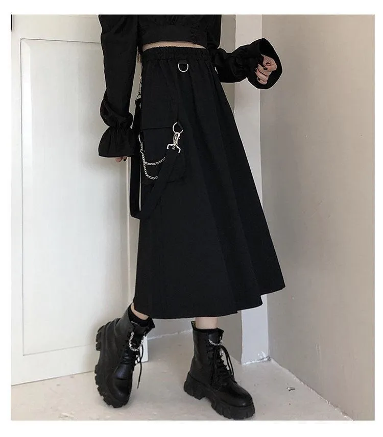 Gothic High Waist Techwear Long Skirt with Chain Pocket Strap - Cargo Skirt