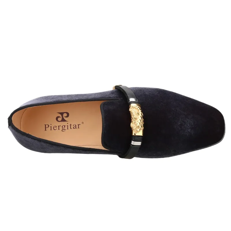 Gray Velvet Men's Loafers - Handmade, Gold Scorpion Metal Buckle