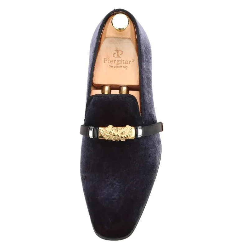 Gray Velvet Men's Loafers - Handmade, Gold Scorpion Metal Buckle