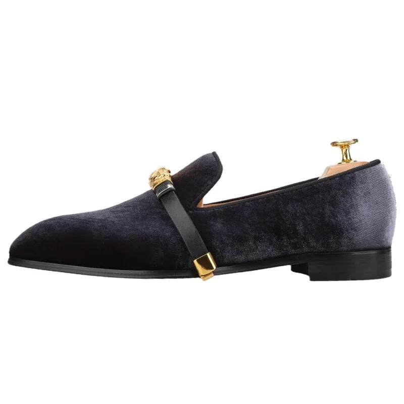 Gray Velvet Men's Loafers - Handmade, Gold Scorpion Metal Buckle