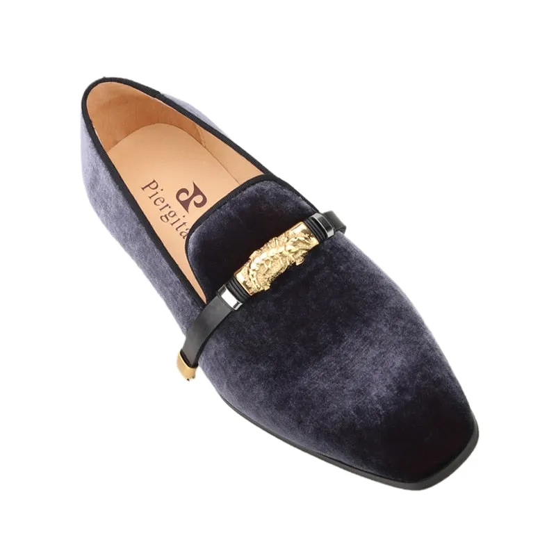 Gray Velvet Men's Loafers - Handmade, Gold Scorpion Metal Buckle