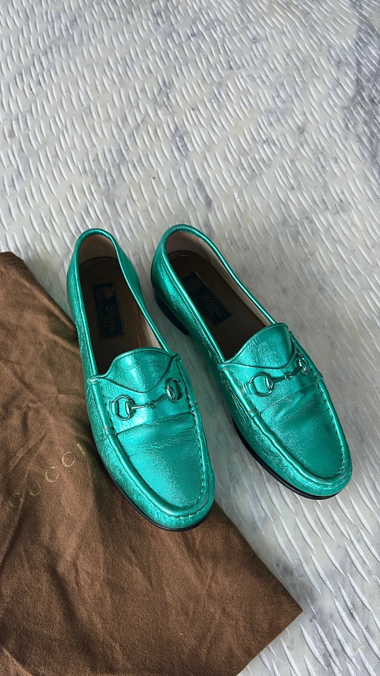 Gucci Metallic Teal Horsebit Leather Slip On Loafers