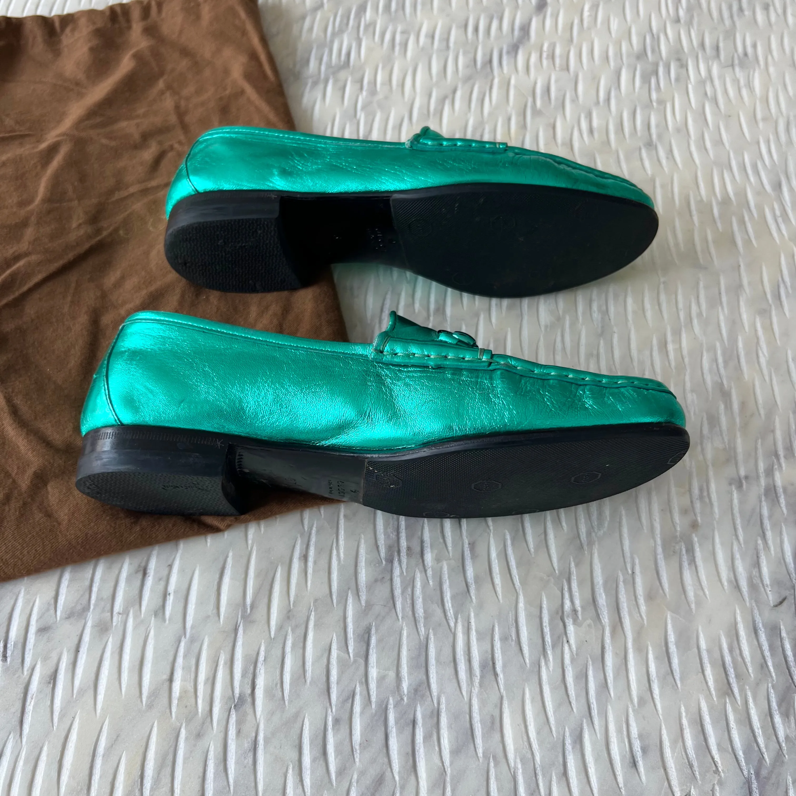 Gucci Metallic Teal Horsebit Leather Slip On Loafers