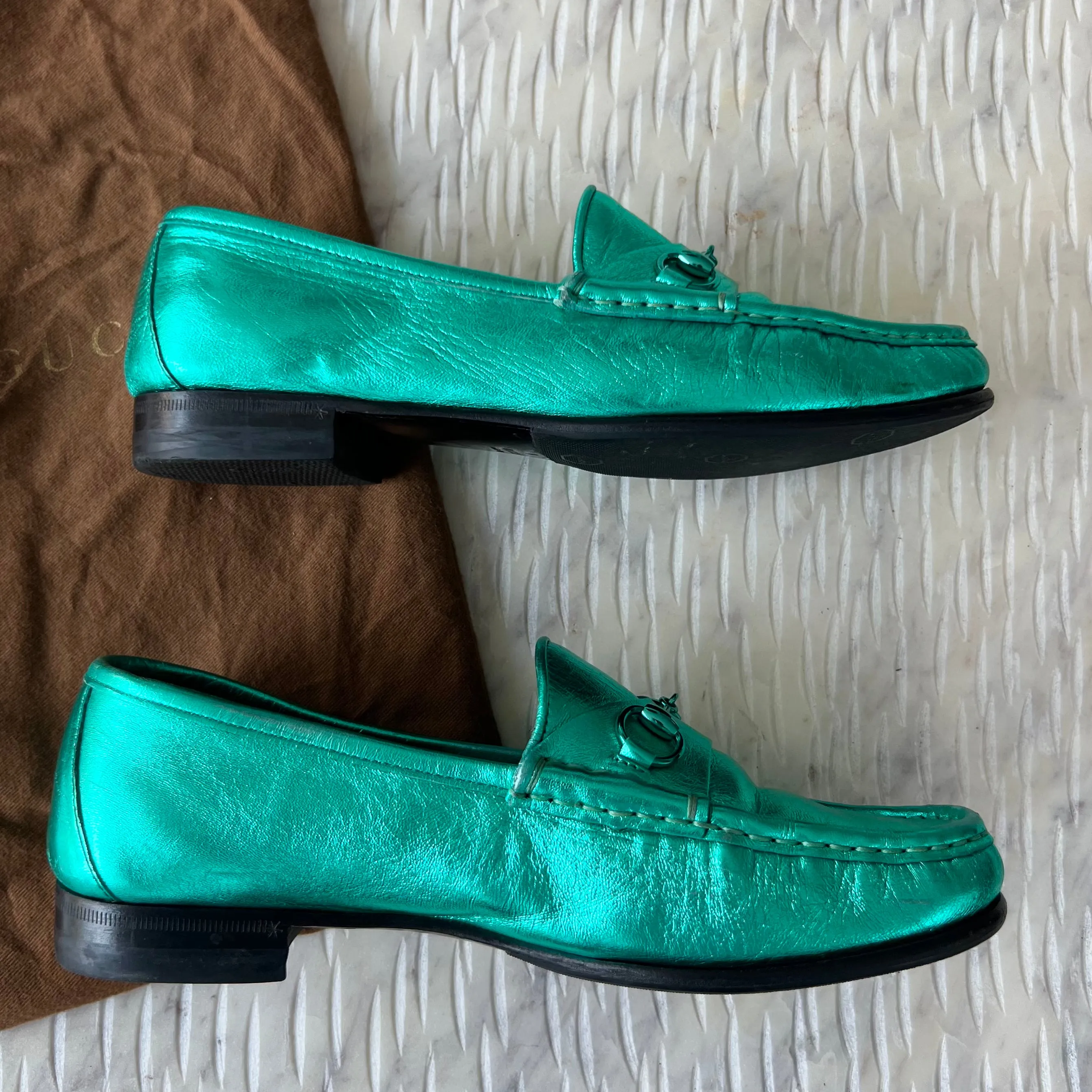 Gucci Metallic Teal Horsebit Leather Slip On Loafers