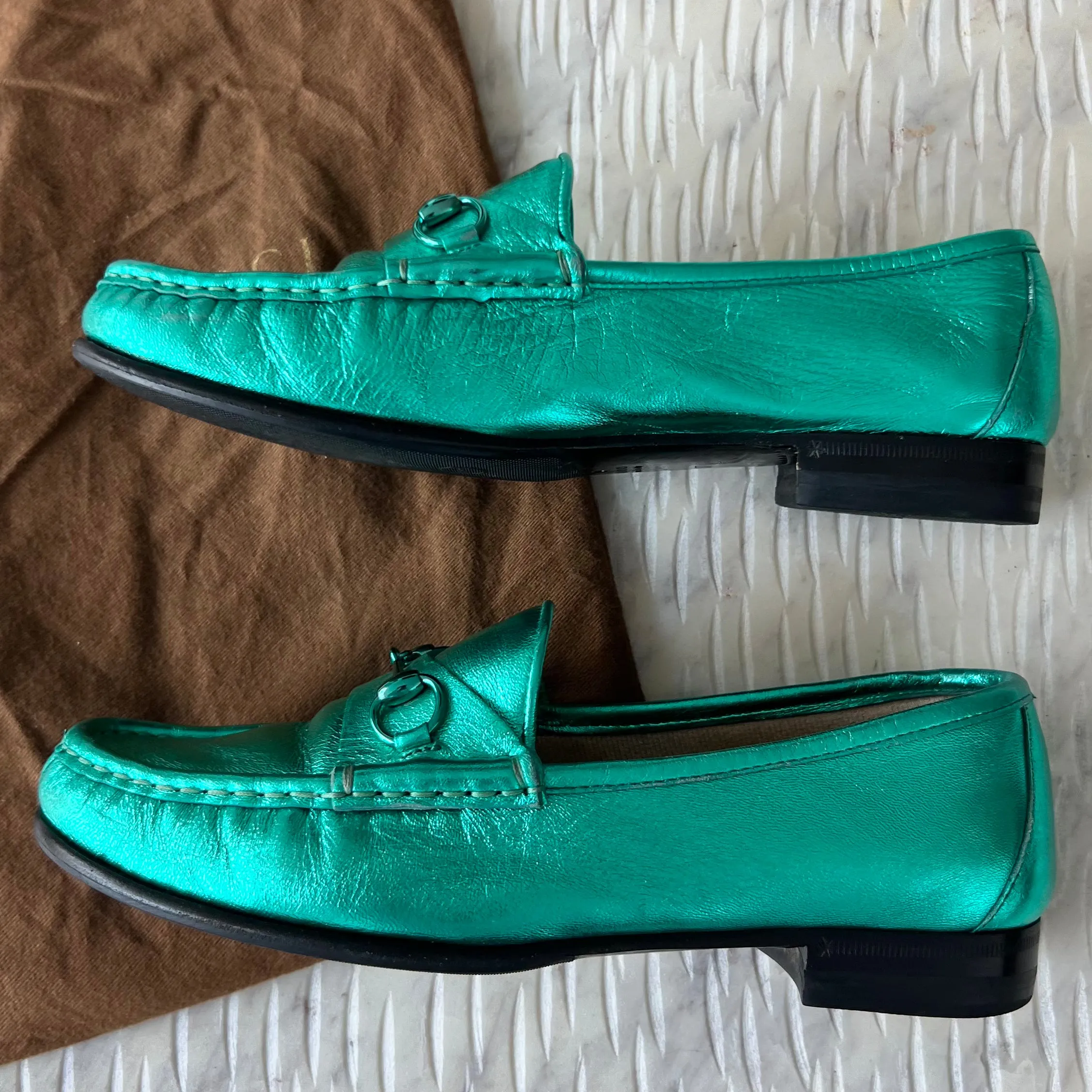 Gucci Metallic Teal Horsebit Leather Slip On Loafers