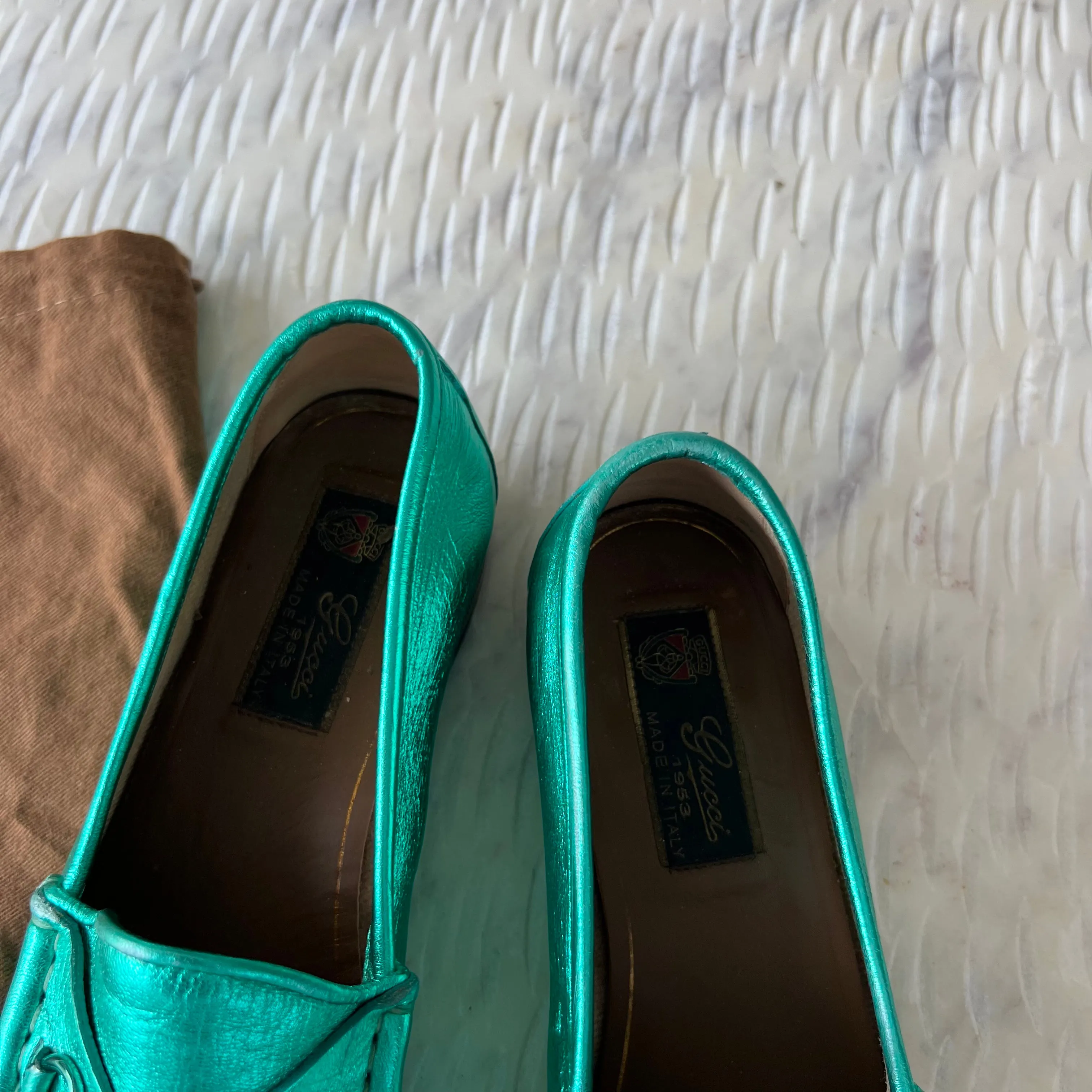 Gucci Metallic Teal Horsebit Leather Slip On Loafers