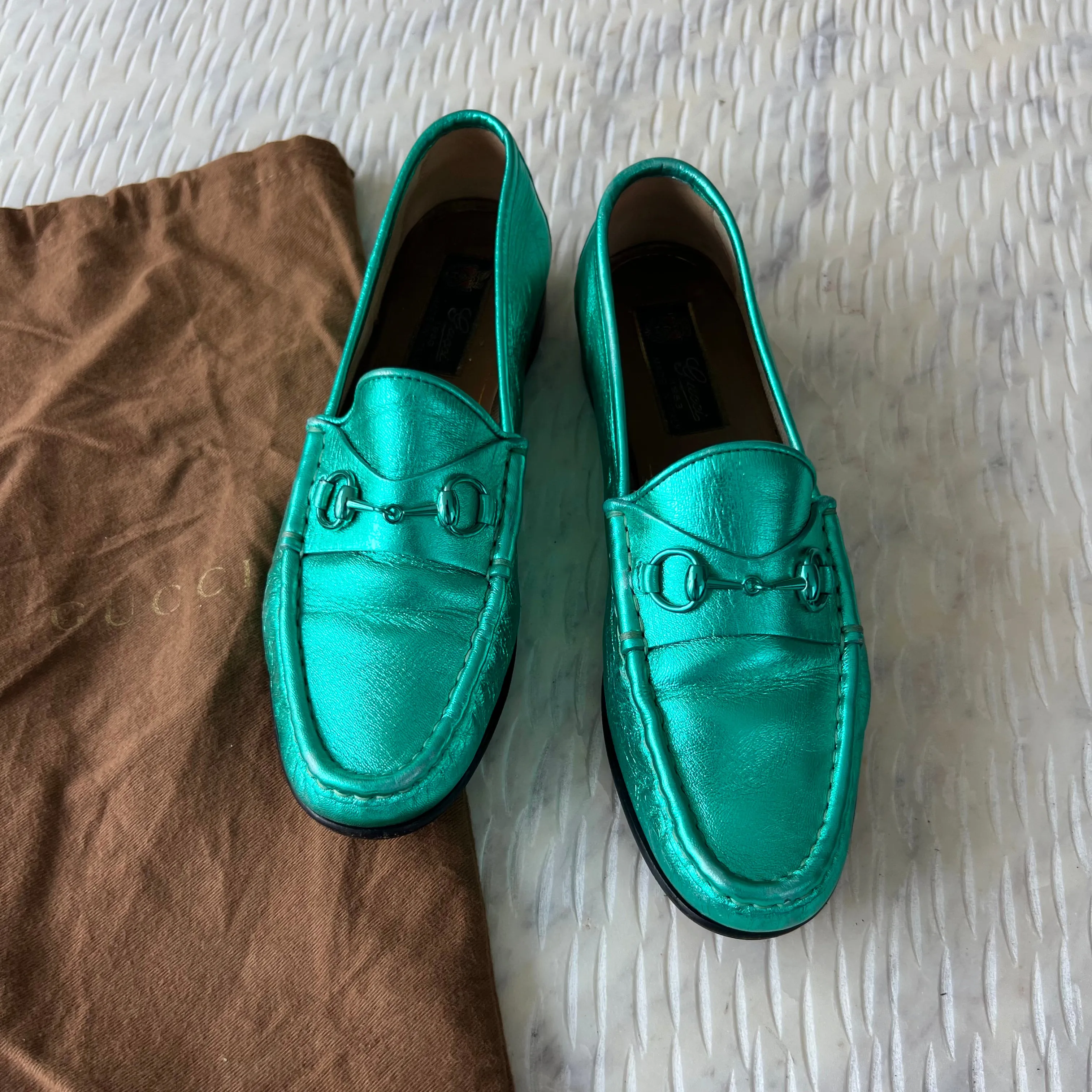 Gucci Metallic Teal Horsebit Leather Slip On Loafers