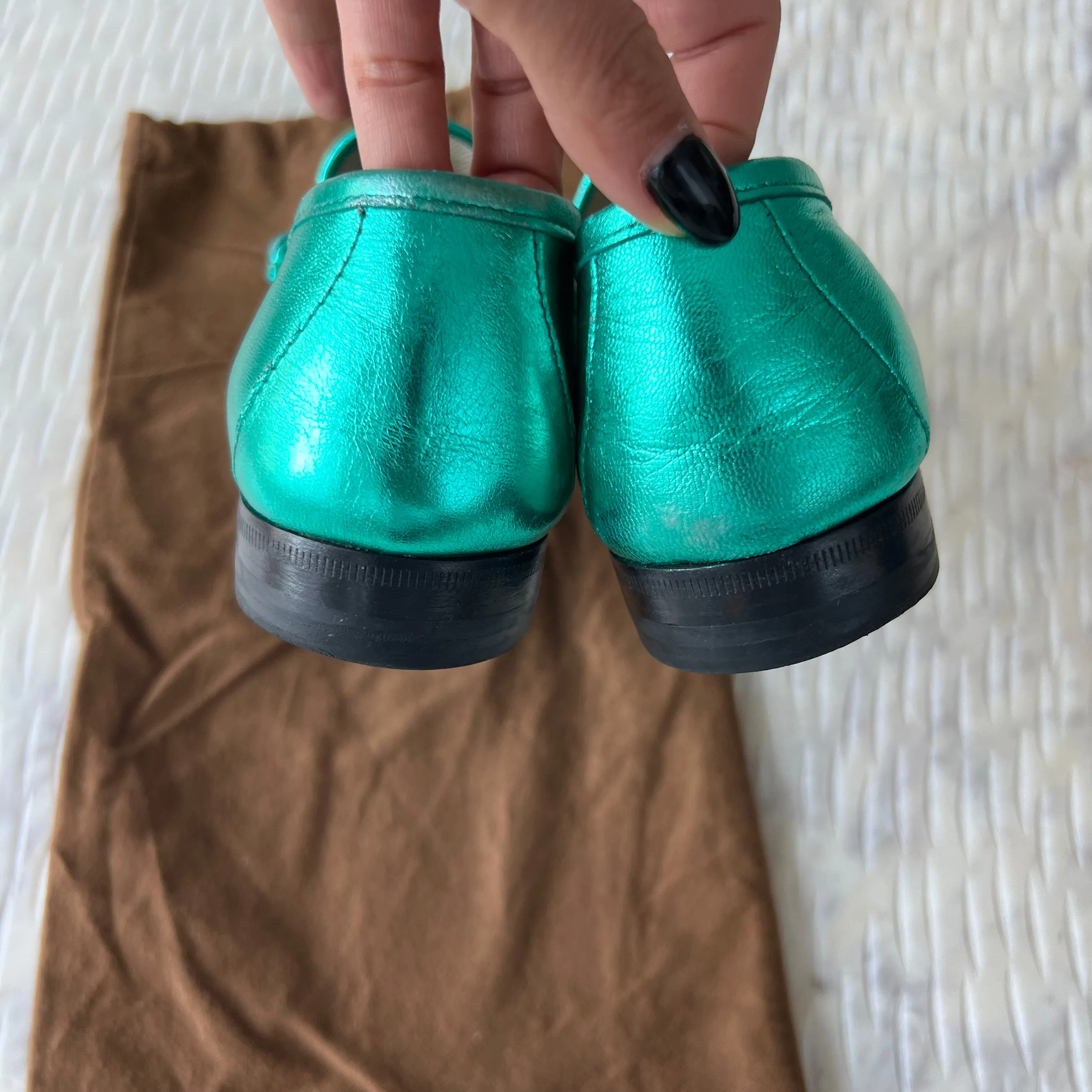 Gucci Metallic Teal Horsebit Leather Slip On Loafers