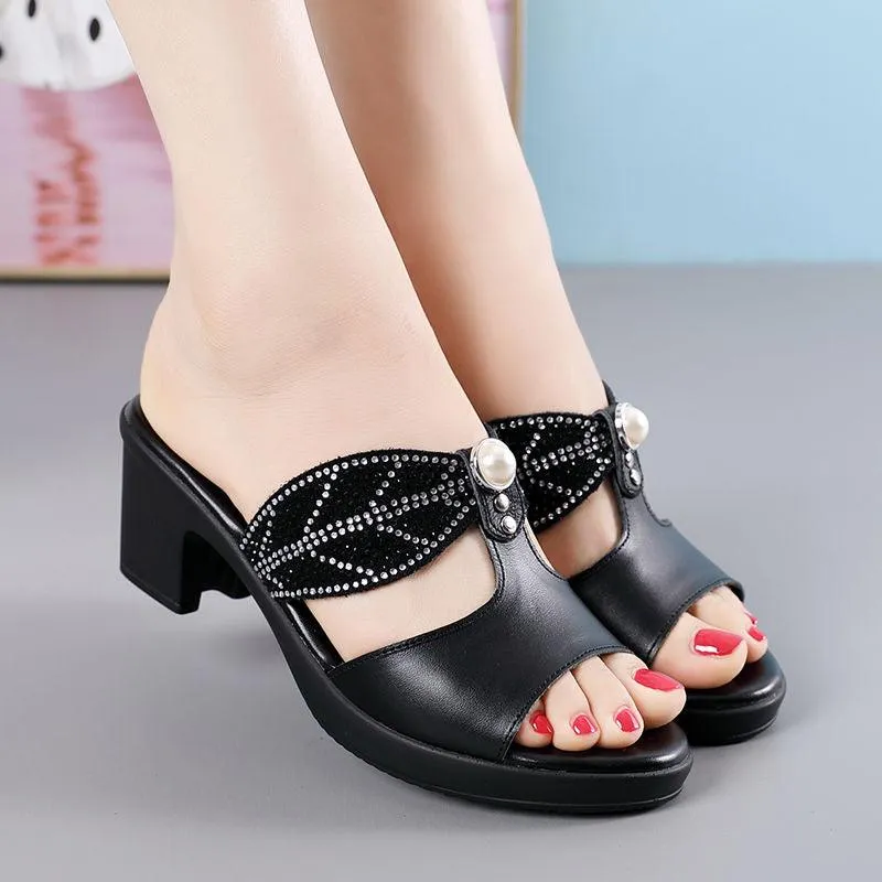 High Heel Rhinestone Leather Casual Shoes for Women