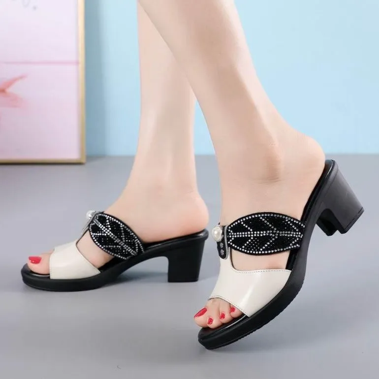 High Heel Rhinestone Leather Casual Shoes for Women