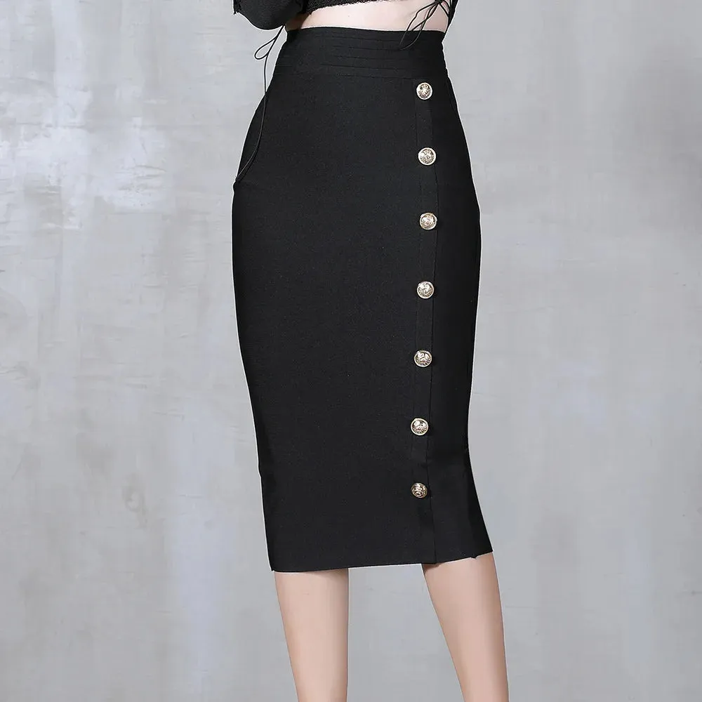 High Waist Pencil Skirt - Button Closure – Bodycon Fit – Bandage Style