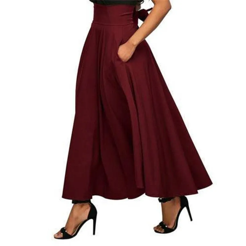 High Waisted Pleated Maxi Skirt - Vintage Flared Satin Swing Skirt