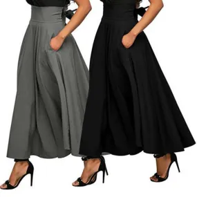 High Waisted Pleated Maxi Skirt - Vintage Flared Satin Swing Skirt