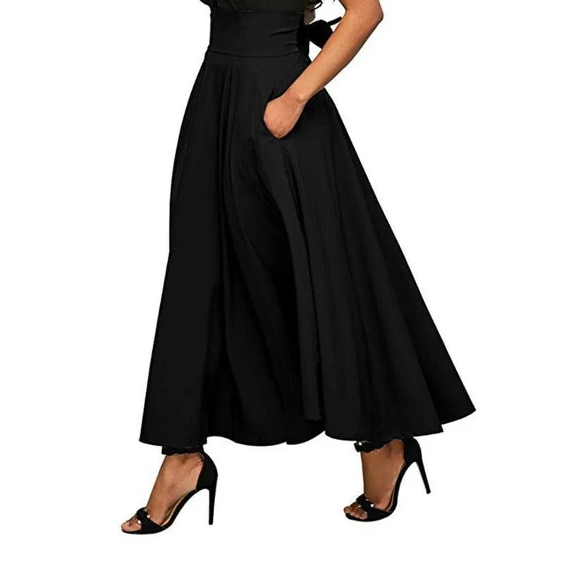 High Waisted Pleated Maxi Skirt - Vintage Flared Satin Swing Skirt