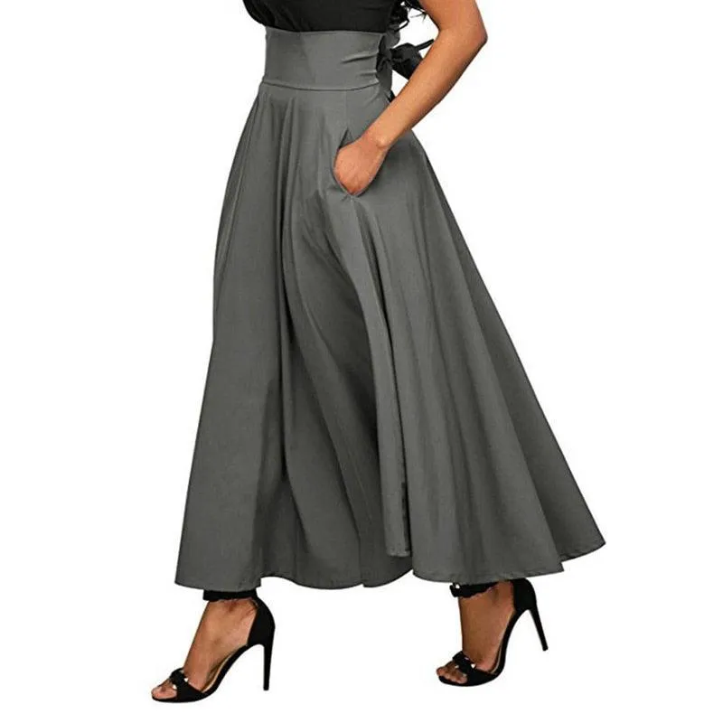 High Waisted Pleated Maxi Skirt - Vintage Flared Satin Swing Skirt