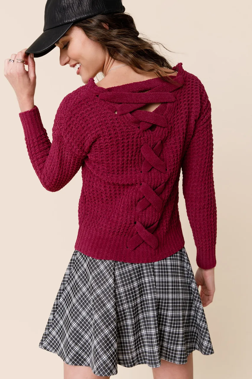 Katelyn Waffle Lace Up Sweater