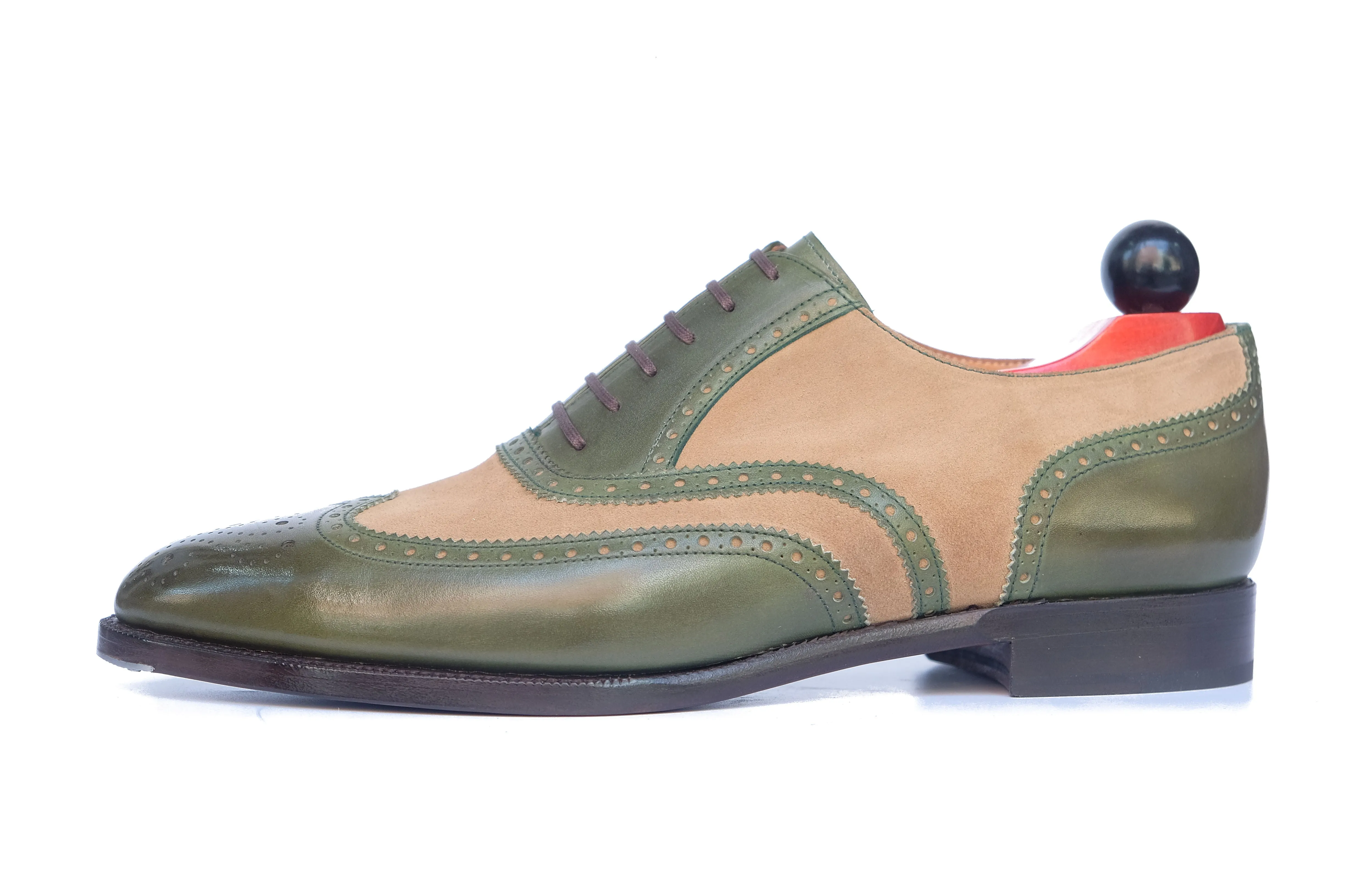 Kitsap Avocado Calf Oatmeal Suede Shoes - TMG Last - Single Leather Sole with Heart Medallion