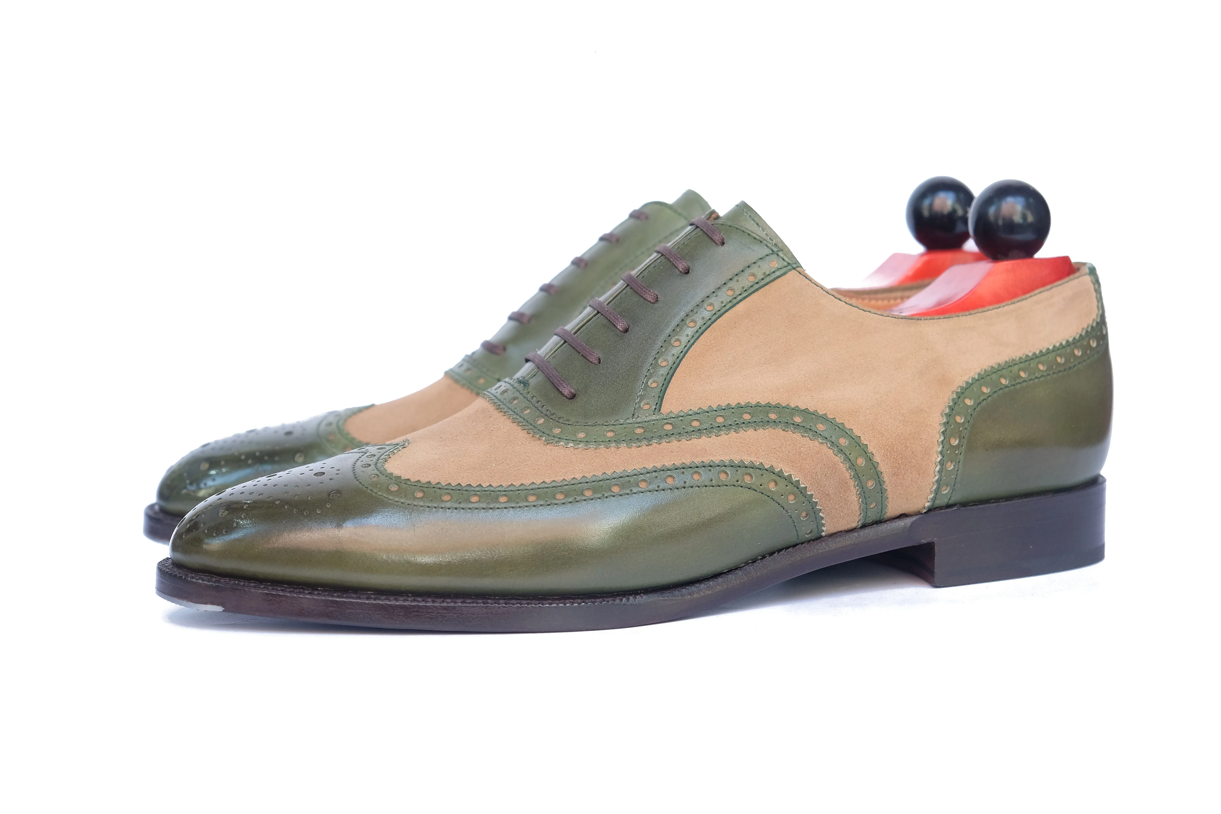 Kitsap Avocado Calf Oatmeal Suede Shoes - TMG Last - Single Leather Sole with Heart Medallion