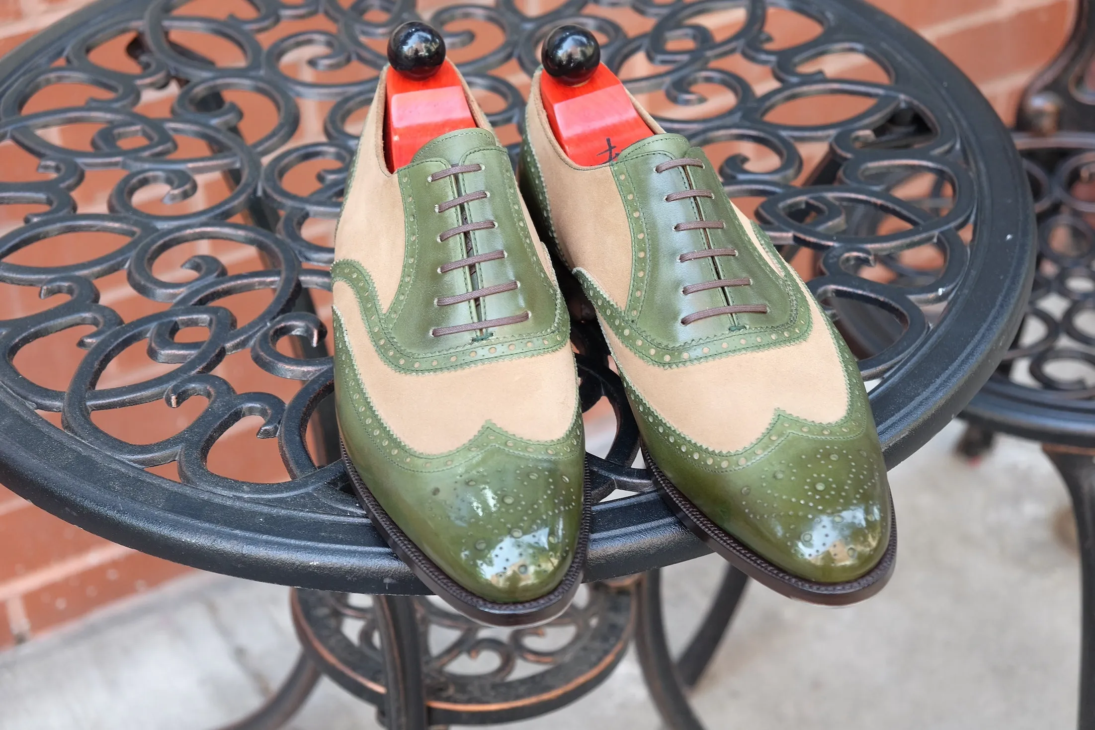 Kitsap Avocado Calf Oatmeal Suede Shoes - TMG Last - Single Leather Sole with Heart Medallion