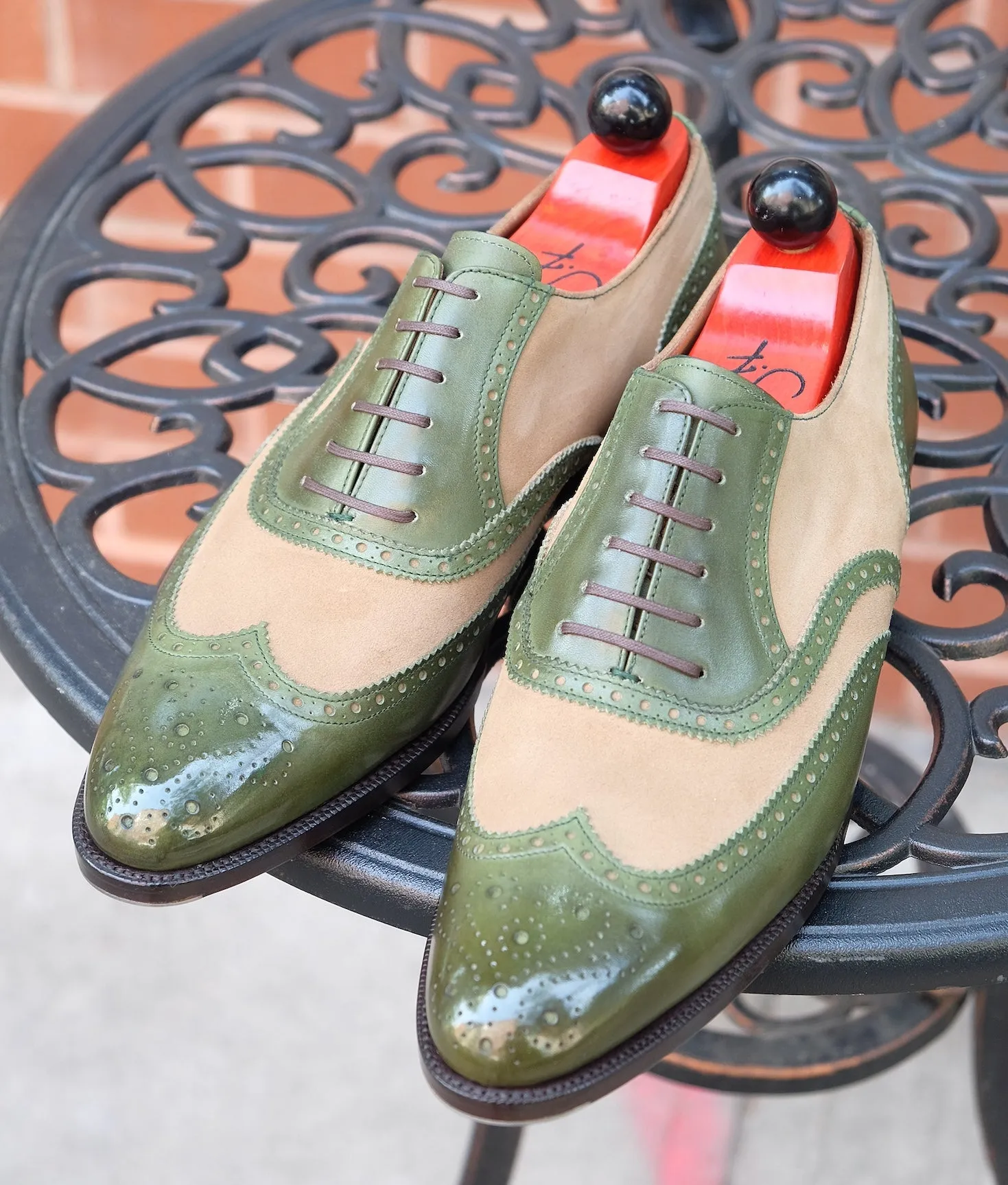 Kitsap Avocado Calf Oatmeal Suede Shoes - TMG Last - Single Leather Sole with Heart Medallion