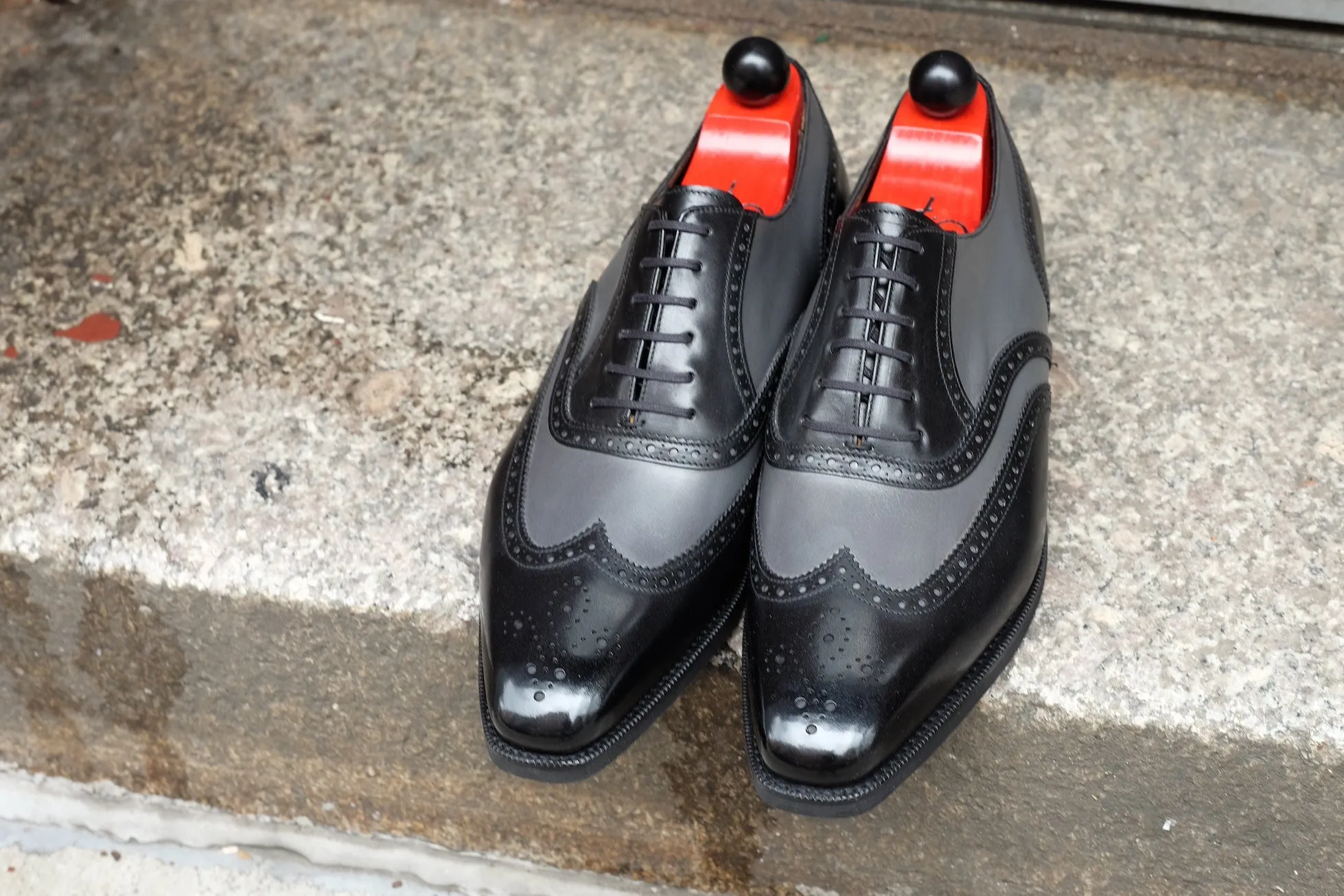 Kitsap MTO black calf and grey calf LPB last city rubber sole Fleur De Lys medallion