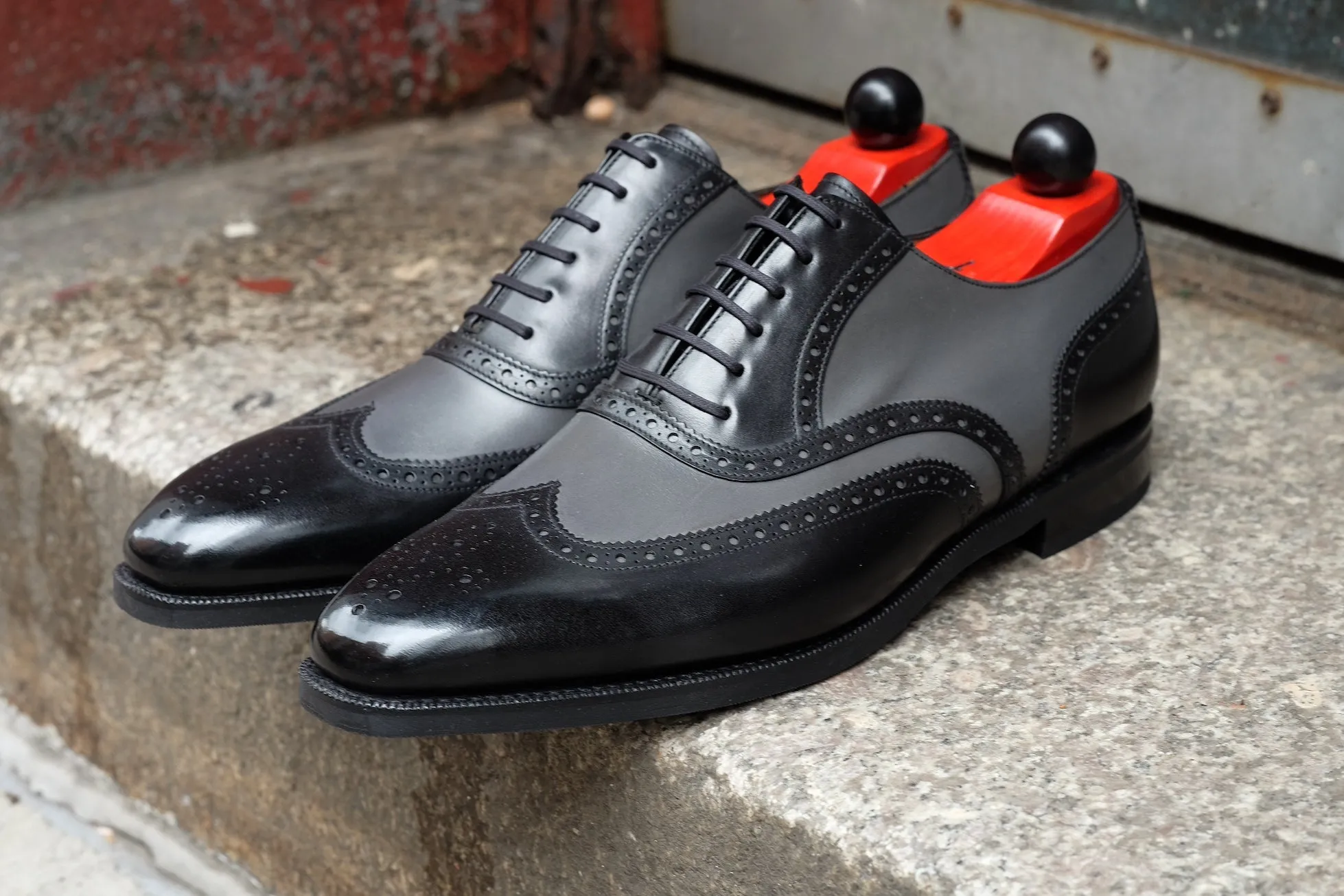 Kitsap MTO black calf and grey calf LPB last city rubber sole Fleur De Lys medallion