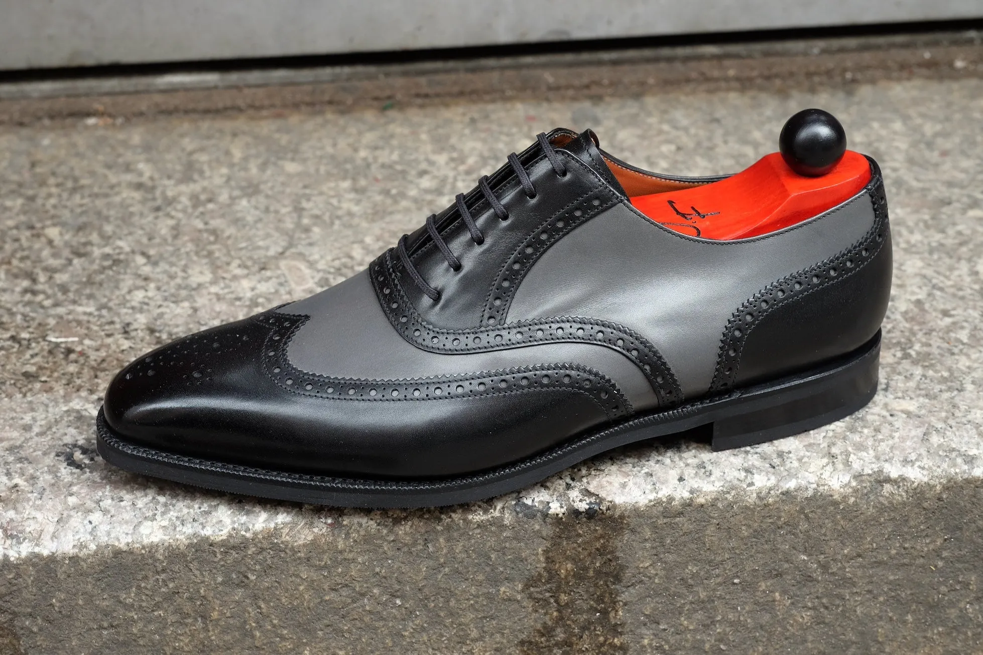 Kitsap MTO black calf and grey calf LPB last city rubber sole Fleur De Lys medallion