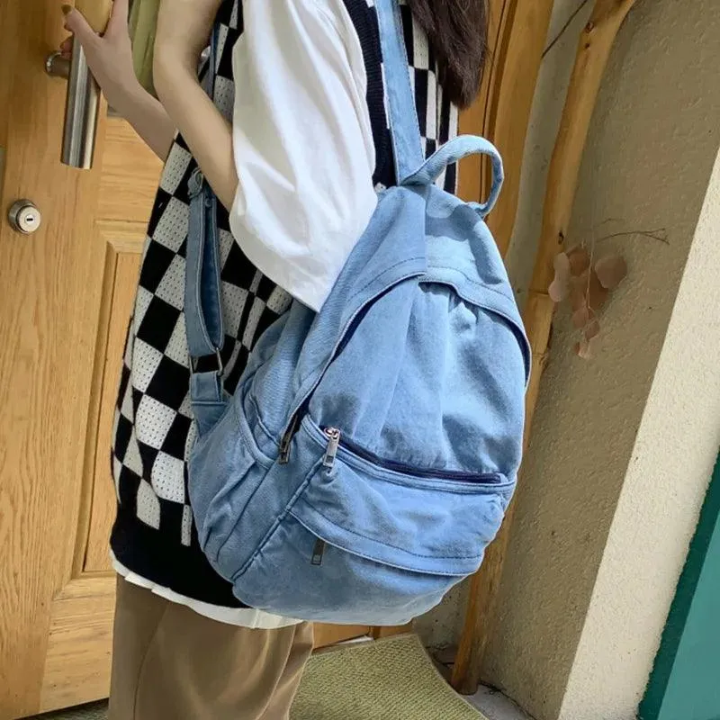 Korean Style Blue School Backpack - Multifunctional Denim Cool Bag EN257