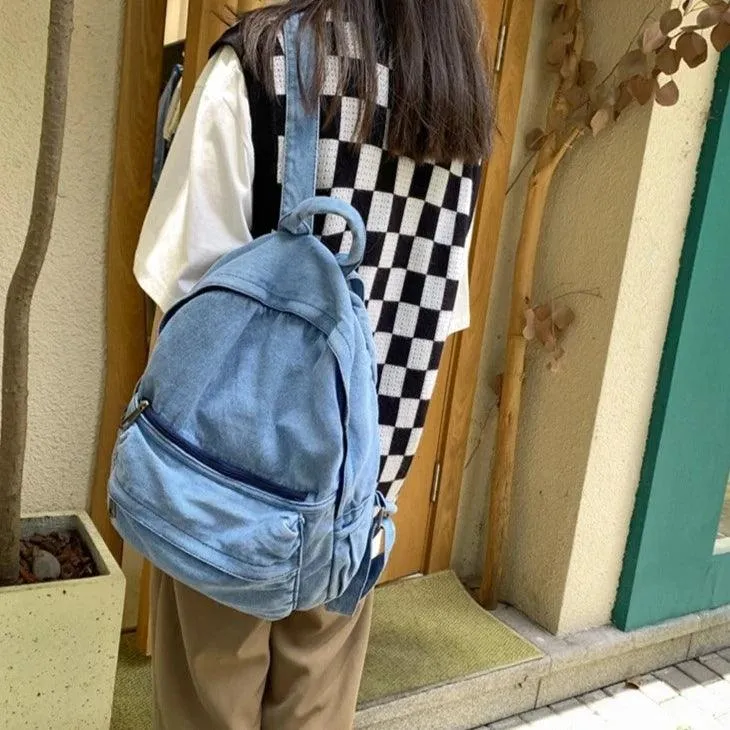 Korean Style Blue School Backpack - Multifunctional Denim Cool Bag EN257