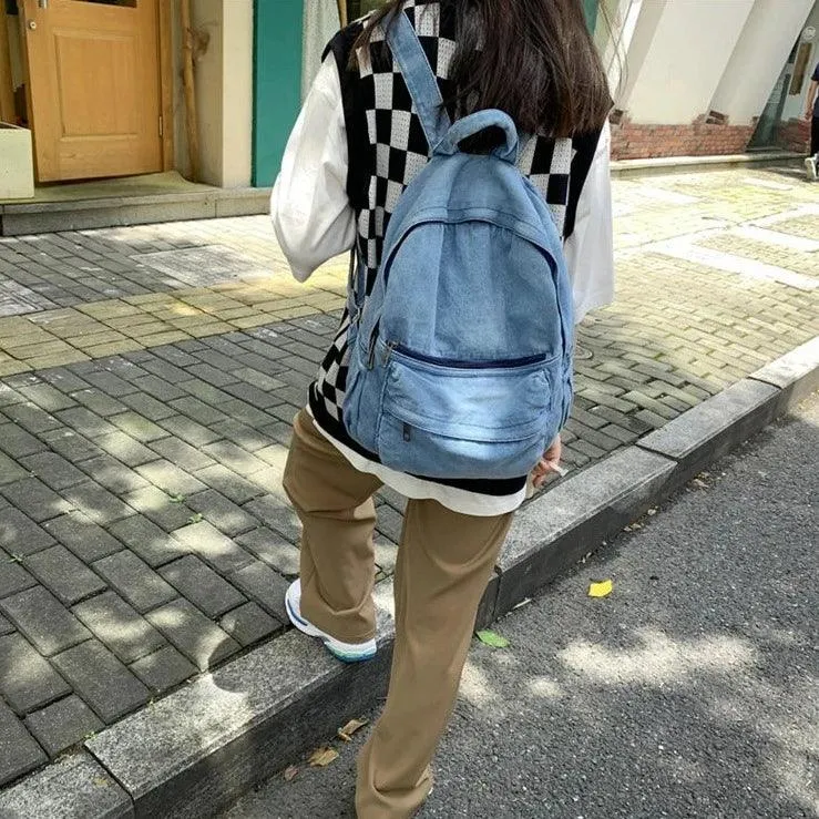 Korean Style Blue School Backpack - Multifunctional Denim Cool Bag EN257