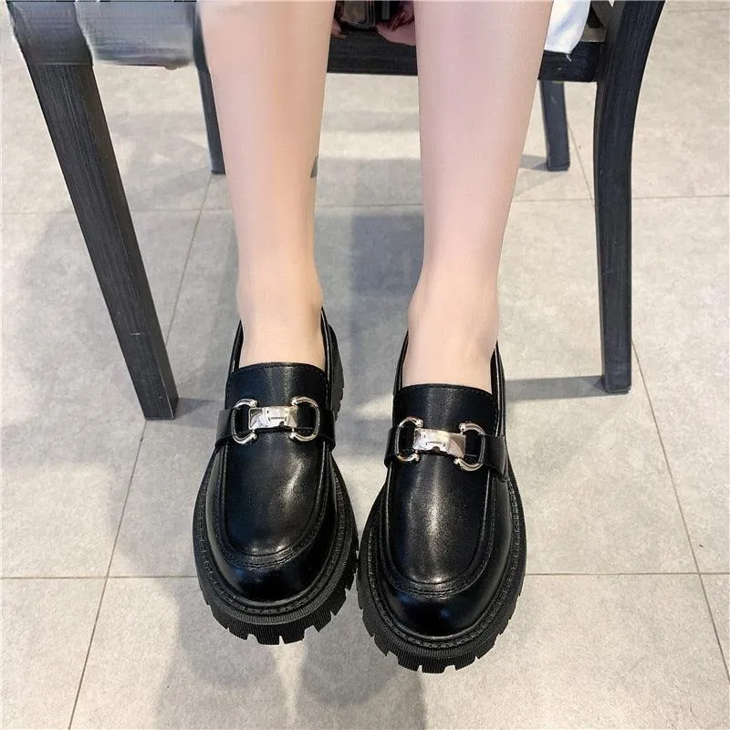 Ladies Thick Sole Slip On Leather Platform Shoes