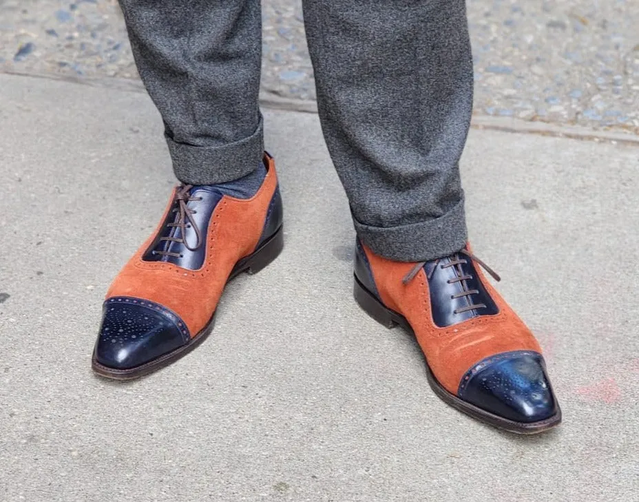 Mathew Navy Museum Calf Rust Suede Shoes - LPB Last Single Leather Sole