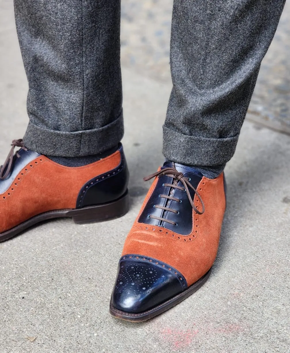 Mathew Navy Museum Calf Rust Suede Shoes - LPB Last Single Leather Sole