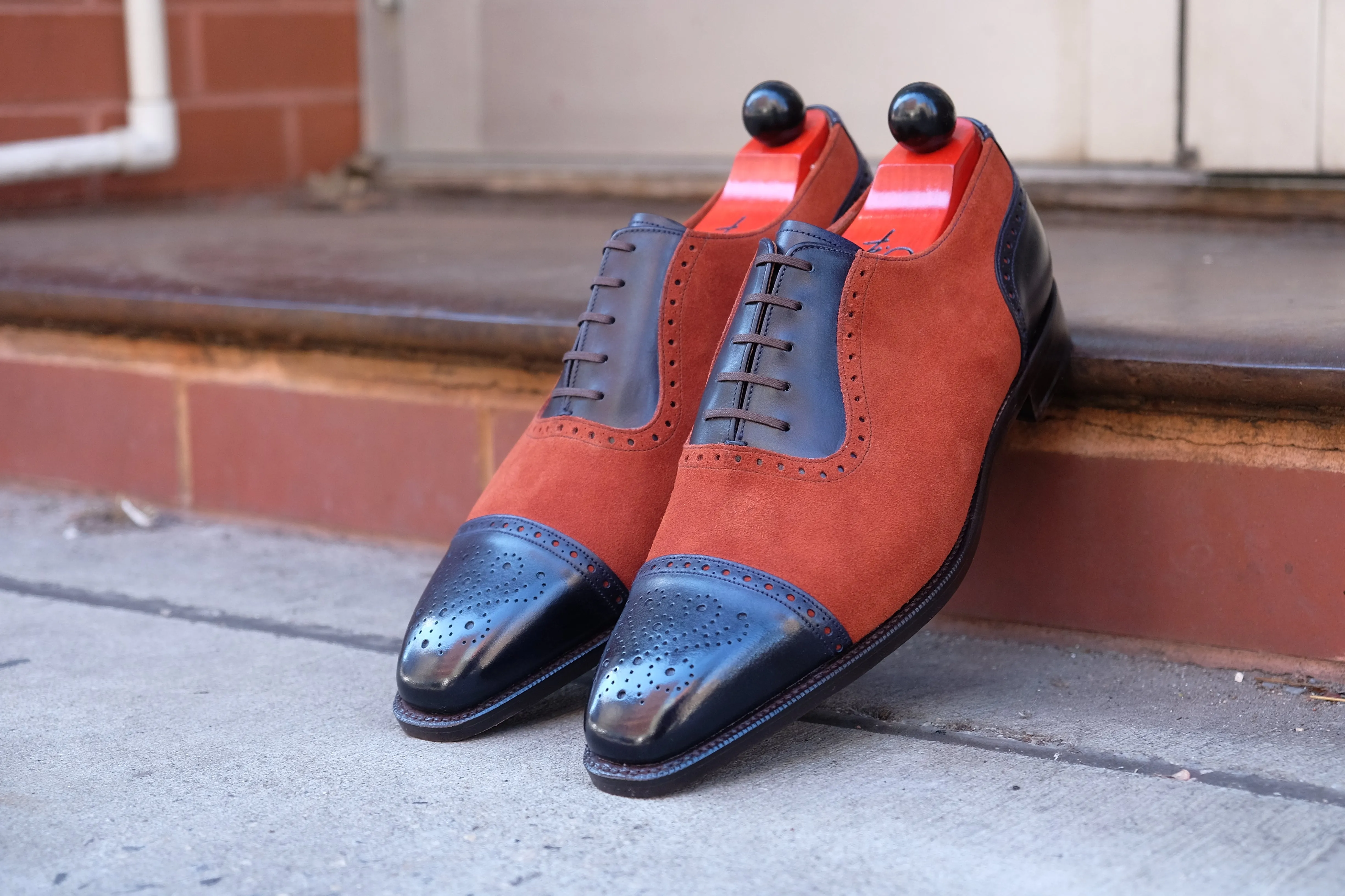 Mathew Navy Museum Calf Rust Suede Shoes - LPB Last Single Leather Sole