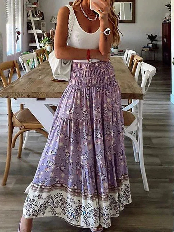 Maxi Floral Print Boho Denim Skirts for Women - Red, Blue, Purple, Green - Office, Career, Vacation - Spring, Summer - S, M, L