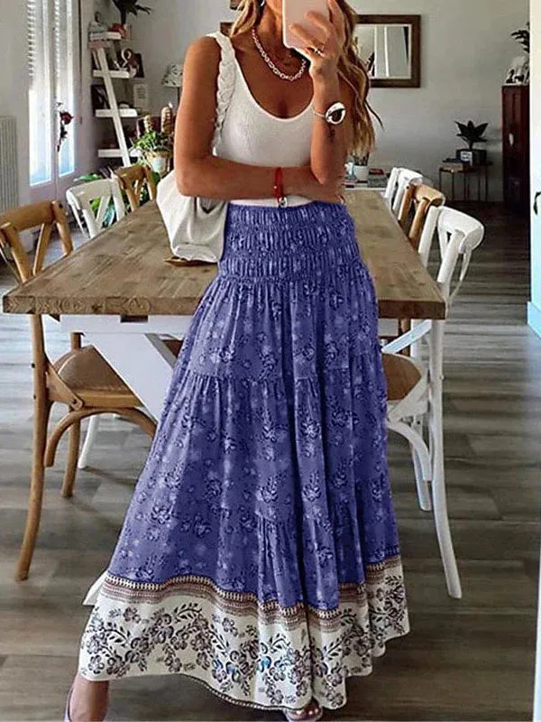 Maxi Floral Print Boho Denim Skirts for Women - Red, Blue, Purple, Green - Office, Career, Vacation - Spring, Summer - S, M, L