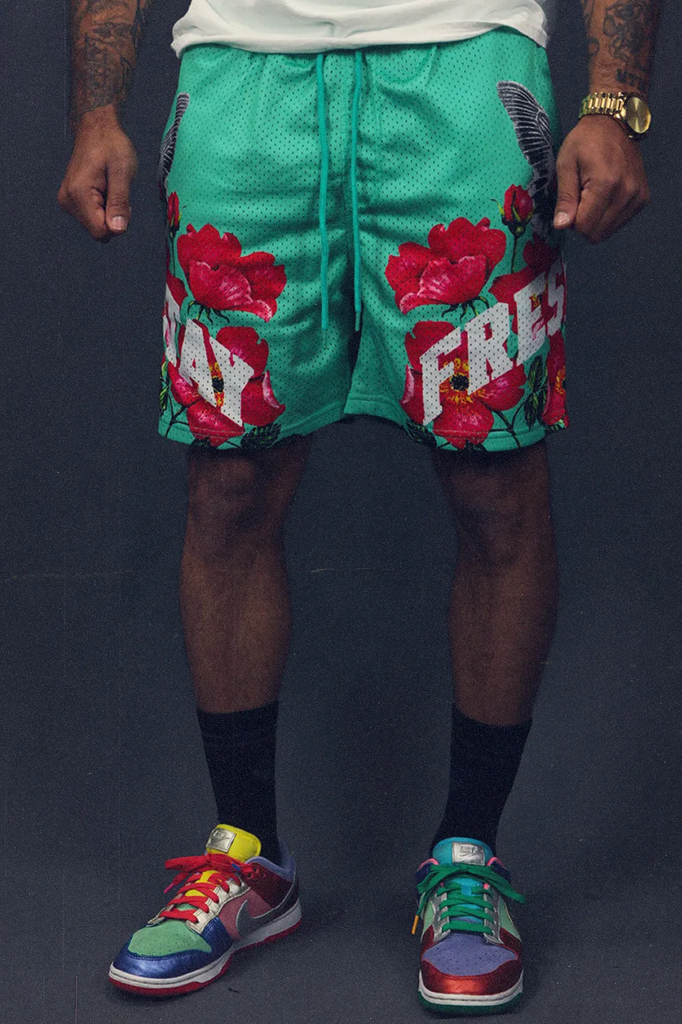 Men's Basketball Workout Shorts Mint Mesh Floral Butterfly Retro Shorts