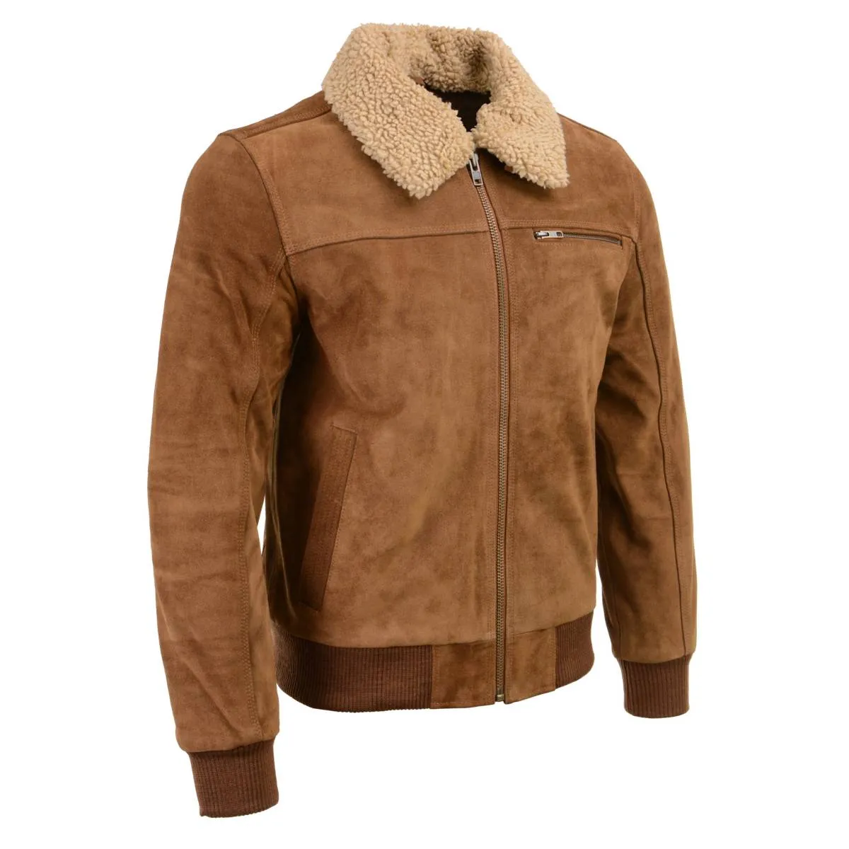 Men's Suede Leather Vintage Bomber Jacket With Shearling Collar