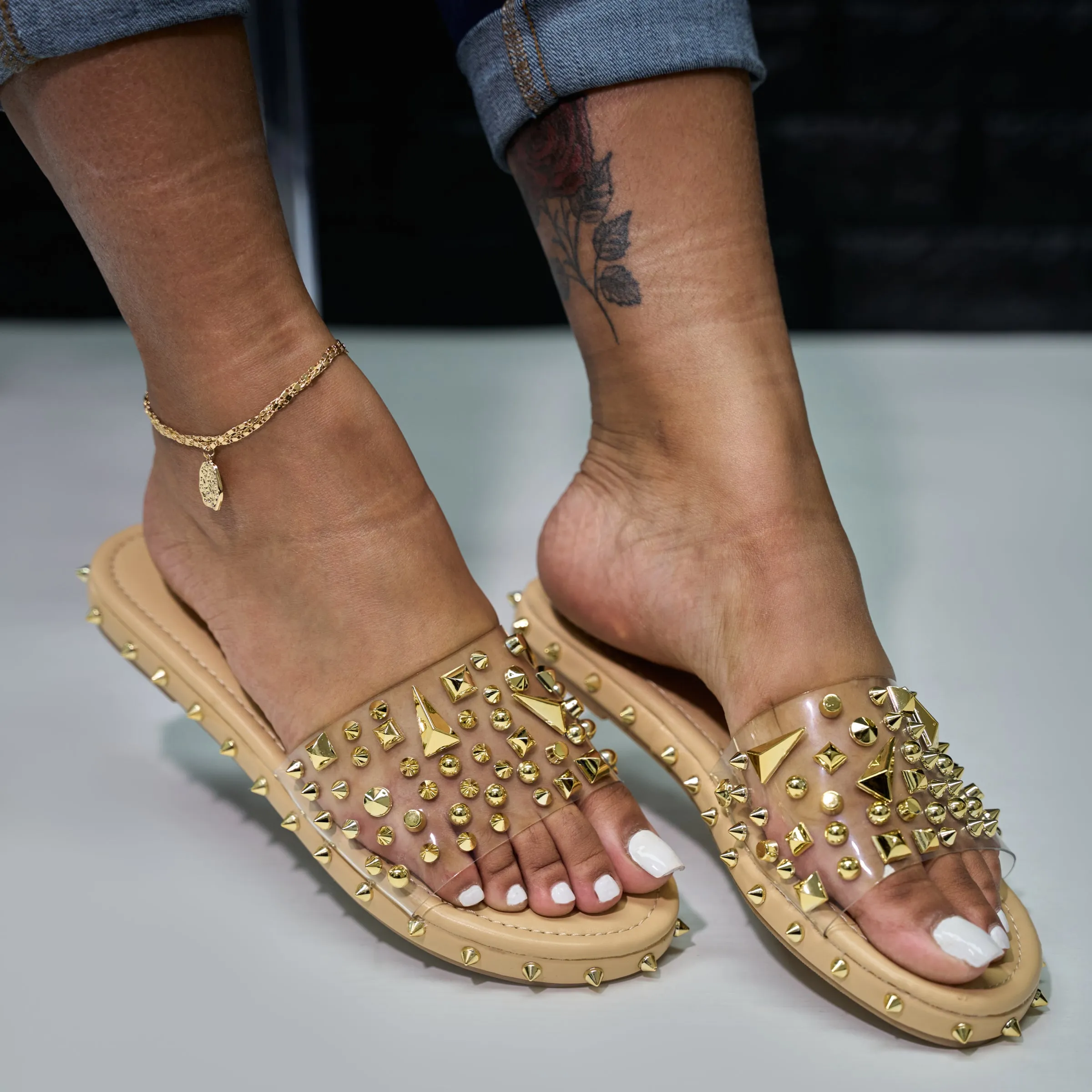 nude transparent gold spike slide sandals - elah