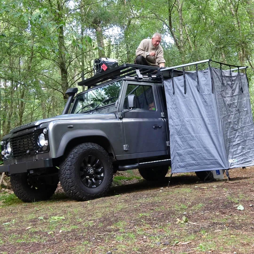 Overland Expedition Granite Grey Fold-Out Shower Privacy Curtain Side Box.