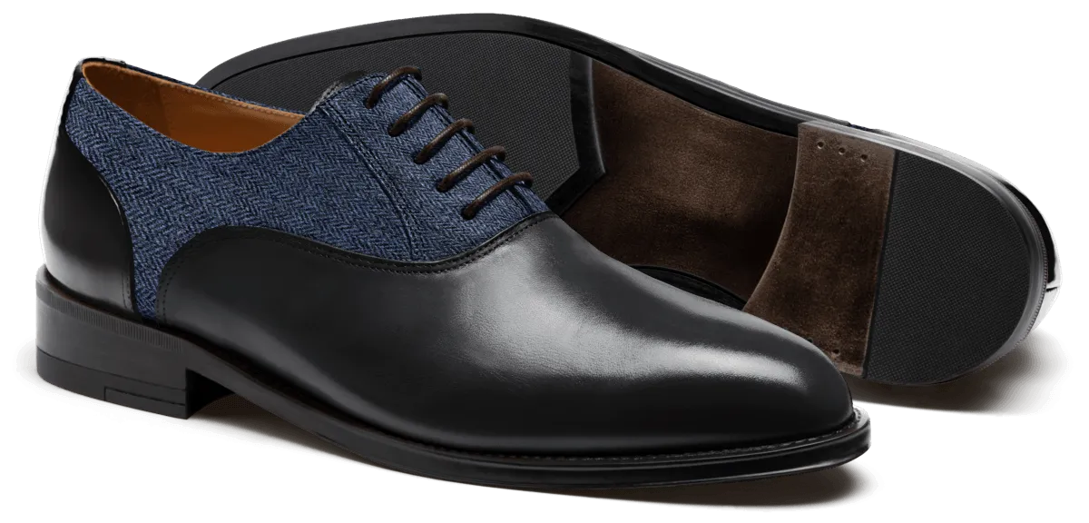  Oxfords en piel, tweed y florentic negro y azul