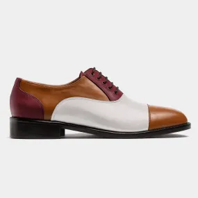  Oxfords Pala recta en piel blanco, marrón y burdeos