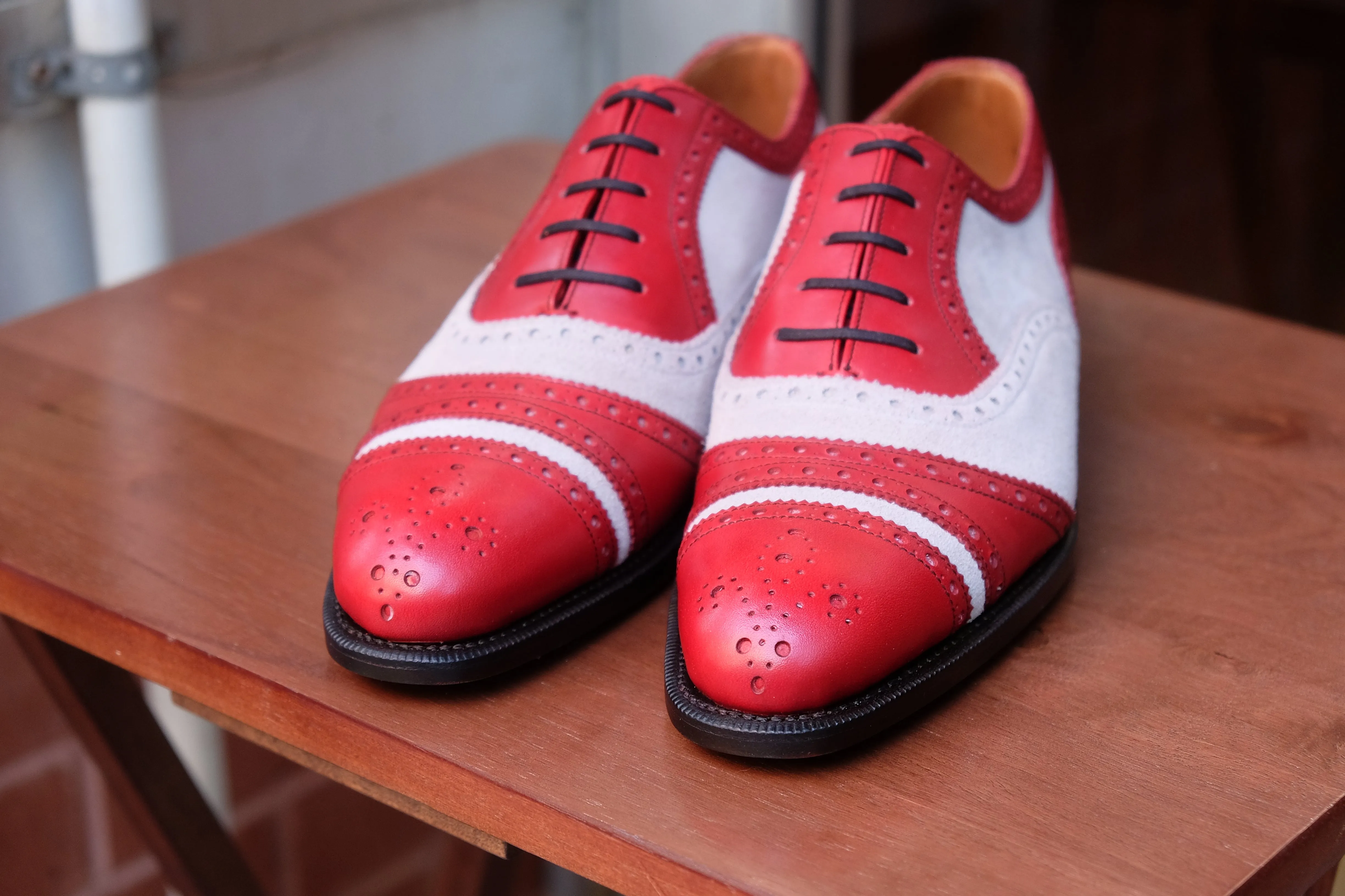 Phillips Handmade Red Calf / Pearl Grey Suede Shoes - NGT Last - Single Leather Sole