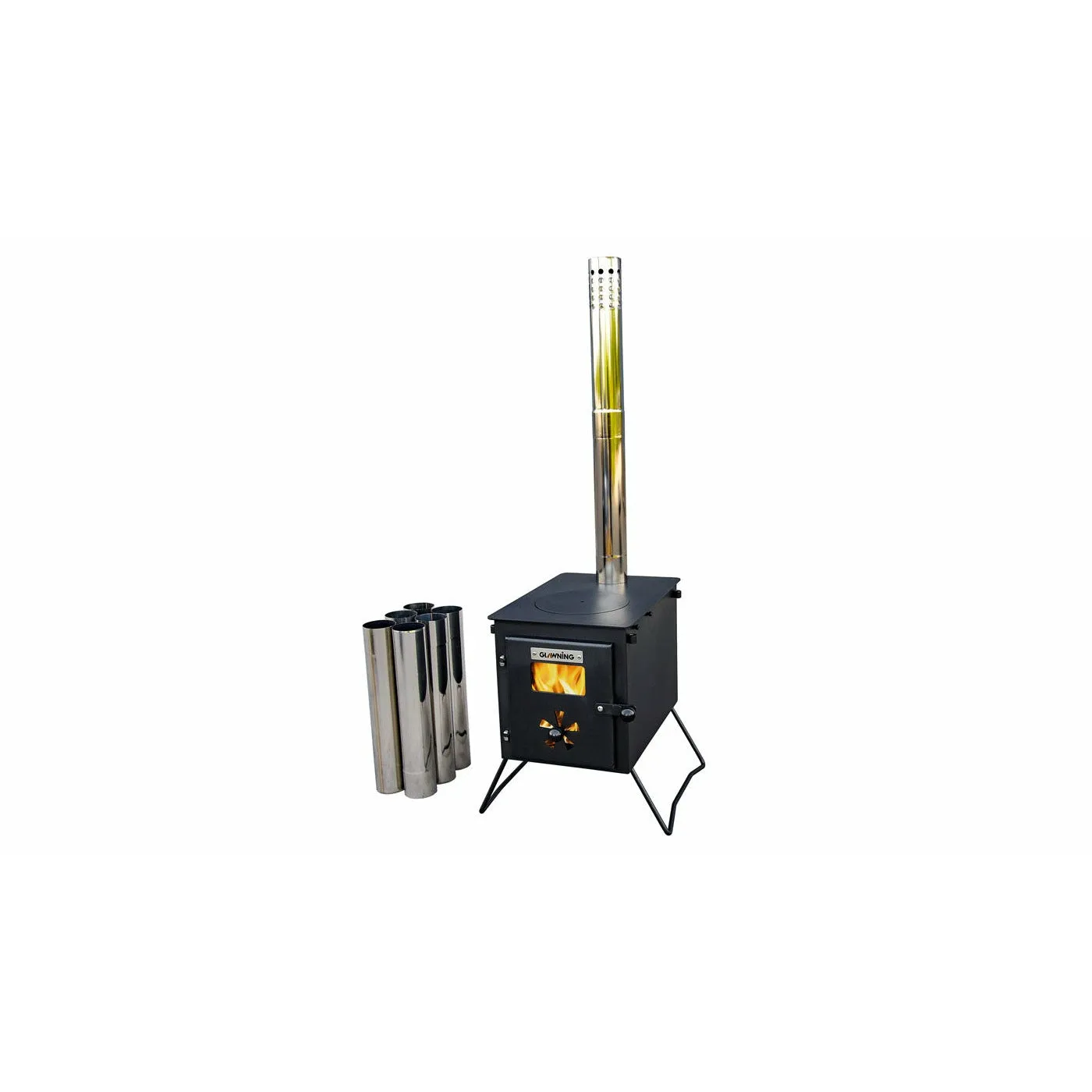 Portable Woodburner with Carry Bag, Racks, Flue Pieces, Spark Arrestor - Black 'Glow' Stove