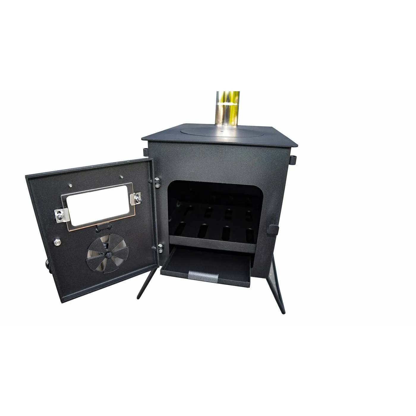 Portable Woodburner with Carry Bag, Racks, Flue Pieces, Spark Arrestor - Black 'Glow' Stove