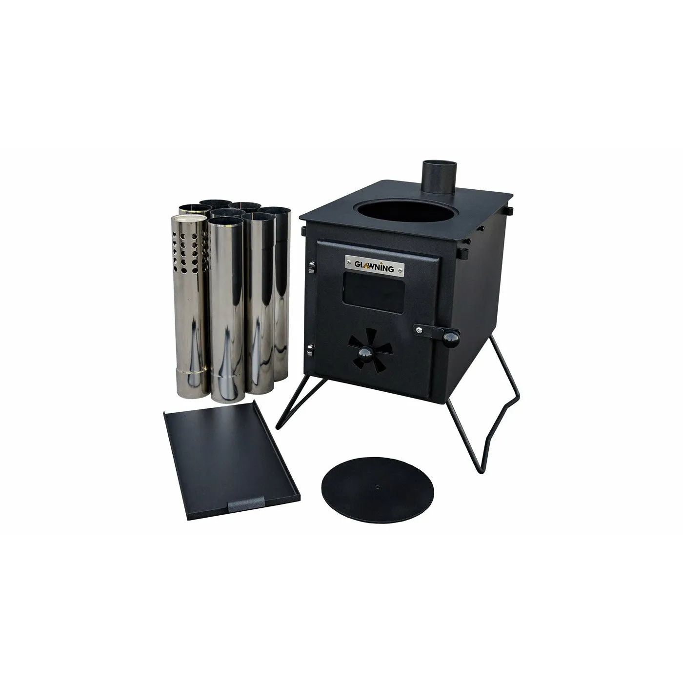 Portable Woodburner with Carry Bag, Racks, Flue Pieces, Spark Arrestor - Black 'Glow' Stove