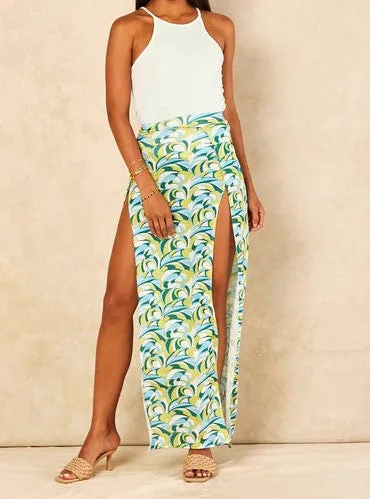 Printed Holiday Maxi Skirt - Split Open - Signage